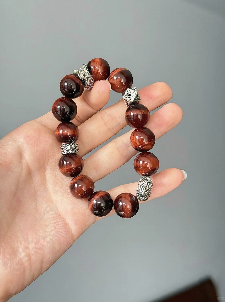 Detail of Red Tiger Eye "Eternal Bliss" Bracelet, Tiger Eye Texture & Silver, Fire-Metal Cycle Drives Courage