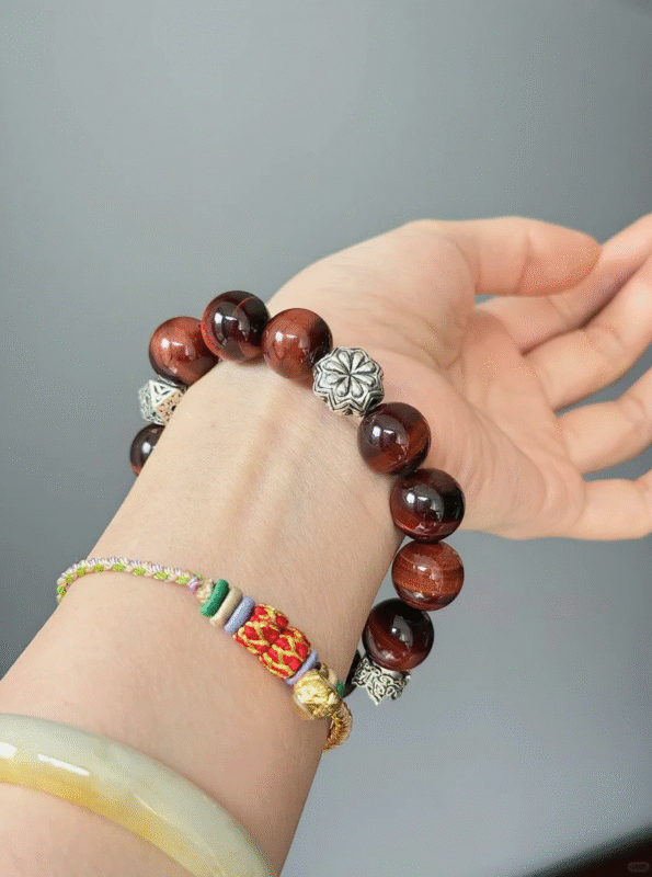 Hand-held Red Tiger Eye Bracelet, Silver Flower & Dragon Accents Echo, Fire-Metal Resonance Manifestation