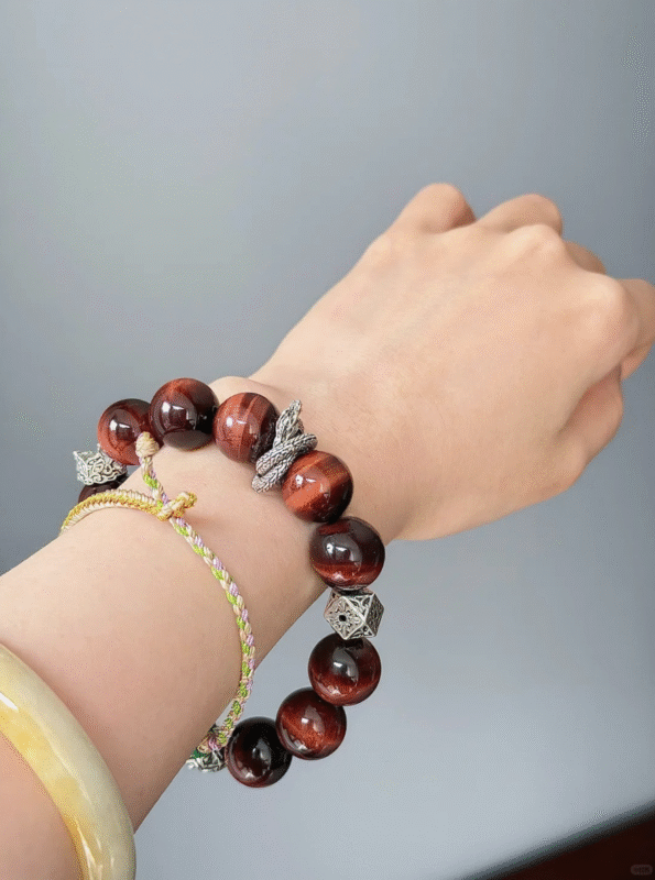 Wrist-worn Red Tiger Eye "Eternal Bliss" Bracelet, Silver Accents, Fire-Metal Energy Awakening