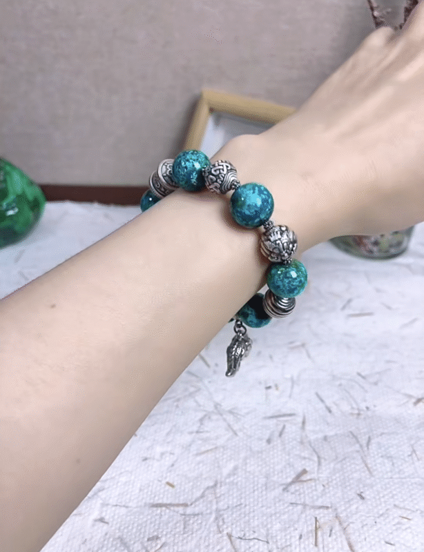 Full View of Phoenix Pine Bracelet, Stone & Silver Layout, Wood-Metal Cycle Drives Inspiration