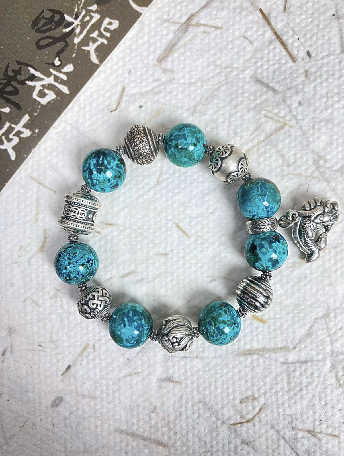 Wearing Display of Phoenix Pine Bracelet, Silver & Stone Match, Wood-Metal Protection Manifestation