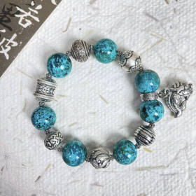 Wearing Display of Phoenix Pine Bracelet, Silver & Stone Match, Wood-Metal Protection Manifestation