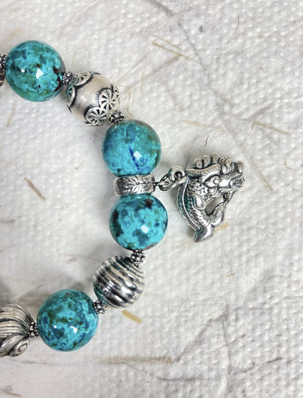 Close-up of Phoenix Pine Bracelet, Stone Texture & Silver, Wood-Metal Energy Flow