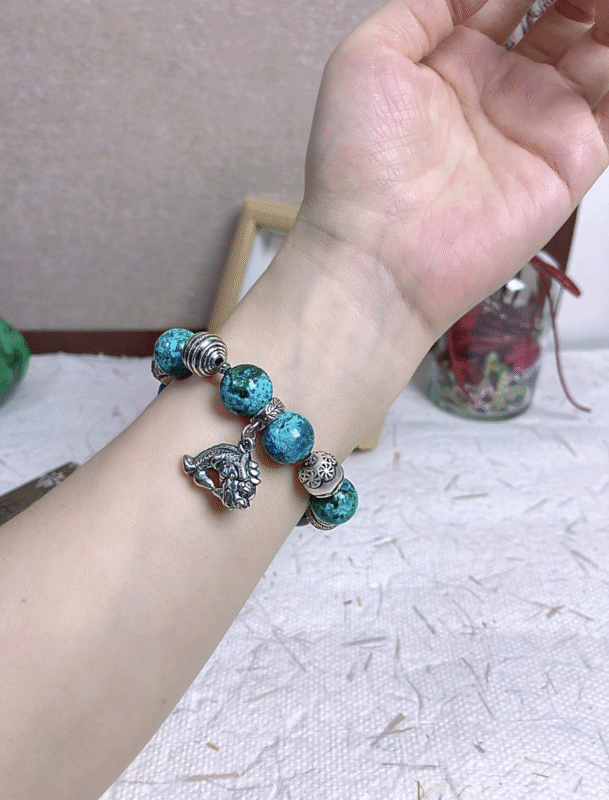 Wrist-worn Phoenix Pine & Vintage Silver Bracelet, Teal Stone & Silver Echo, Wood-Metal Energy Awakening