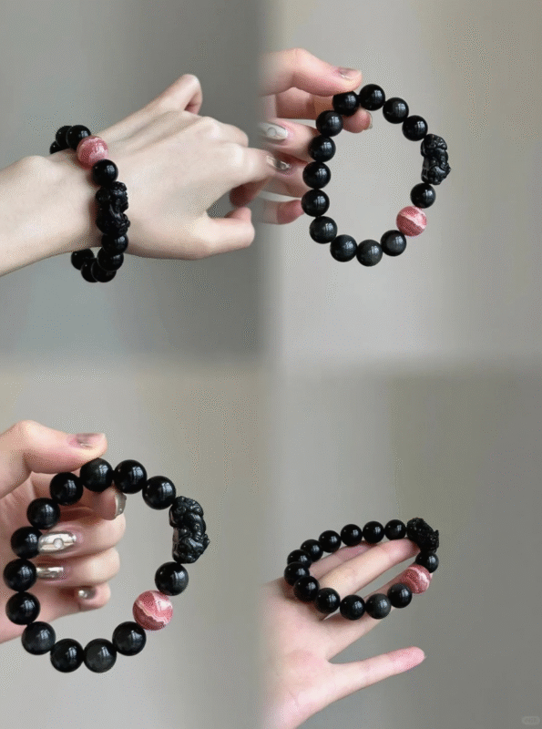 Dual-View of Obsidian Bracelet, Black-Red Energy Clash, Fate Transformation