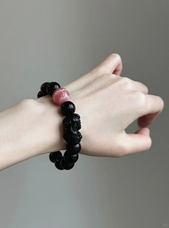 Wrist-Worn Obsidian Bracelet, Obsidian & Rhodochrosite, Water-Fire-Earth Cycle