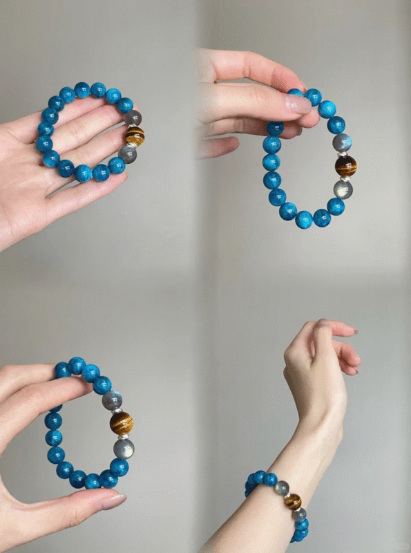 Dual-View of Blue Apatite Bracelet, Blue-Brown-Gray Clash, Water-Earth Energy Blast