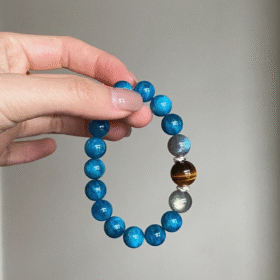 Wrist-Worn Blue Apatite Bracelet, Phosphorescent Glow & Tiger-Moon Resonance, Water-Earth Energy Manifests