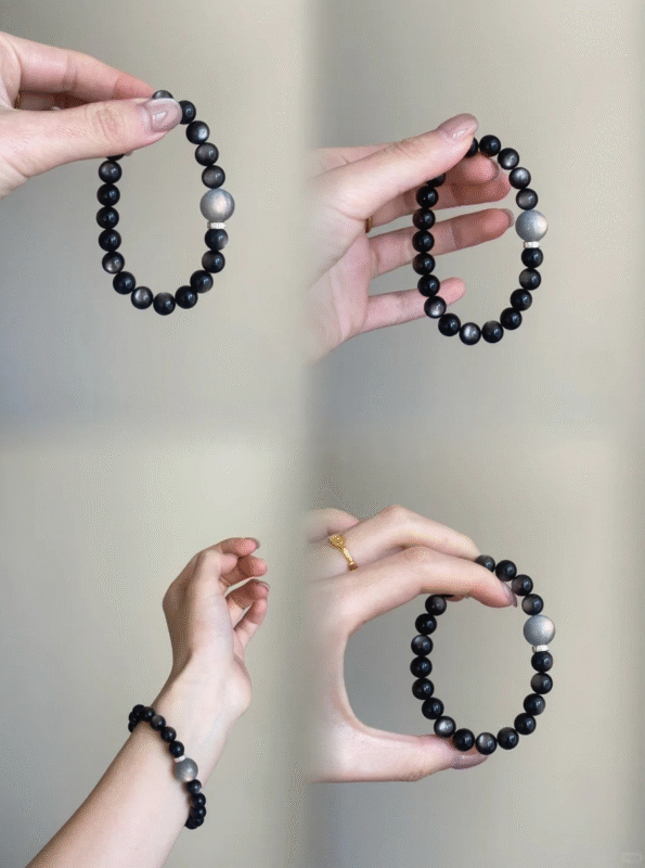 Dual-View of Silver Obsidian Bracelet, Silver-Black Clash, Water Energy Blast