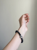 Wearing Silver Obsidian Bracelet, Silver Sheen & Gray Moonstone Flow, Water Energy Transformation