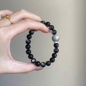 Wrist-Worn Silver Obsidian Bracelet, Silver Sheen & Gray Moonstone Resonance, Water Energy Manifests