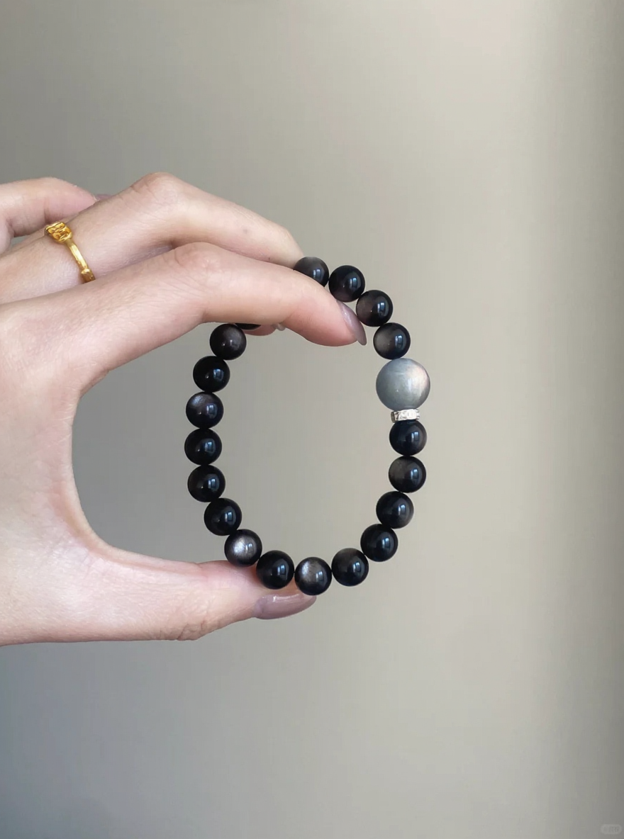 Wrist-Worn Silver Obsidian Bracelet, Silver Sheen & Gray Moonstone Resonance, Water Energy Manifests