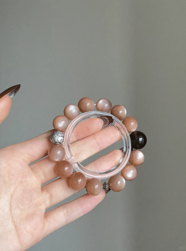 Dual-View of Orange Moonstone Bracelet, Brown-Gold Clash with Silver, Fire-Earth-Metal Energy Blast