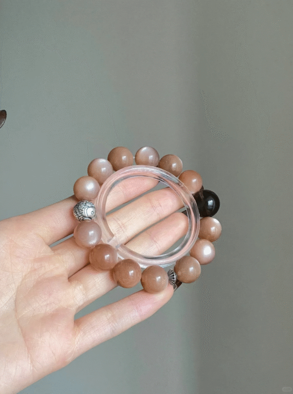 Wearing Orange Moonstone Bracelet, Orange Glow, Smoky Quartz & Silver Flow, Fire-Earth-Metal Transformation