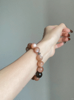 Wrist-Wearing 12mm Orange Moonstone & Smoky Quartz & Silver Bracelet, Brown-Gold Blend, Fire-Earth-Metal Energy Awakens