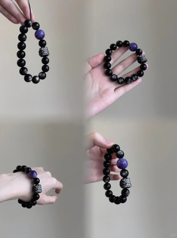 Dual-View of Silver Obsidian Bracelet, Black-Purple Clash with Lion, Water-Earth Energy Blast