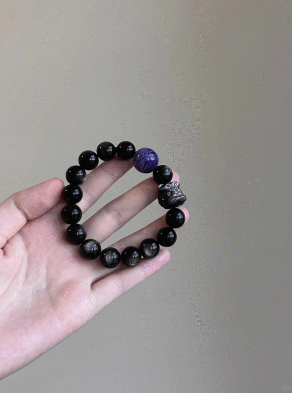 Wearing Silver Obsidian Bracelet, Silver Sheen, Purple Veins & Lion Flow, Water-Earth Transformation