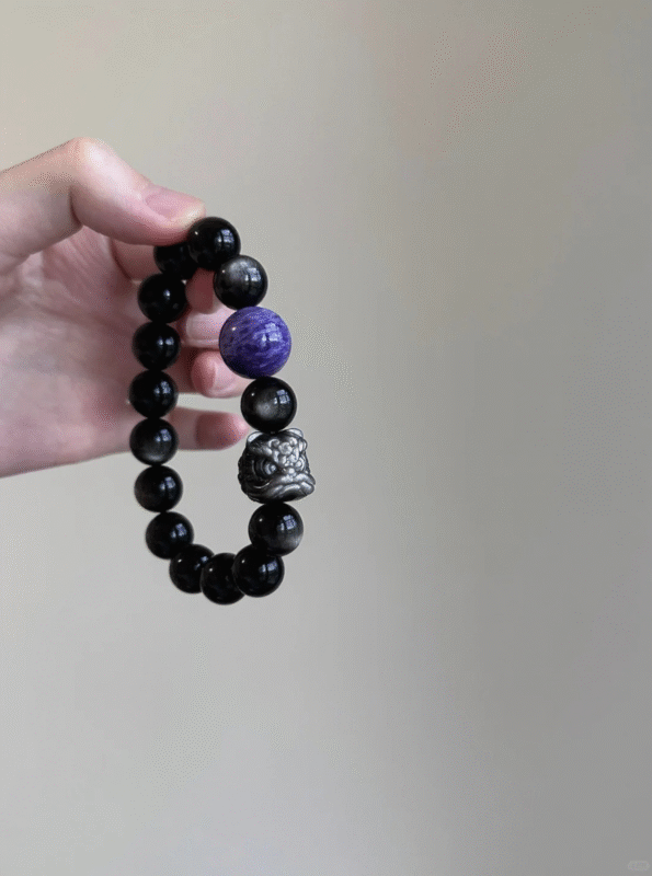 Close-Up of Silver Obsidian, Charoite & Lion Bracelet, Silver Sheen, Purple Veins Reveal Water-Earth Code
