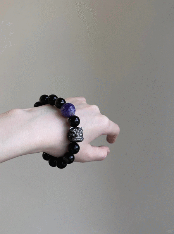 Wrist-Wearing 12mm Silver Obsidian & Charoite & Silver Obsidian Lion Bracelet, Black-Purple Blend, Water-Earth Energy Awakens