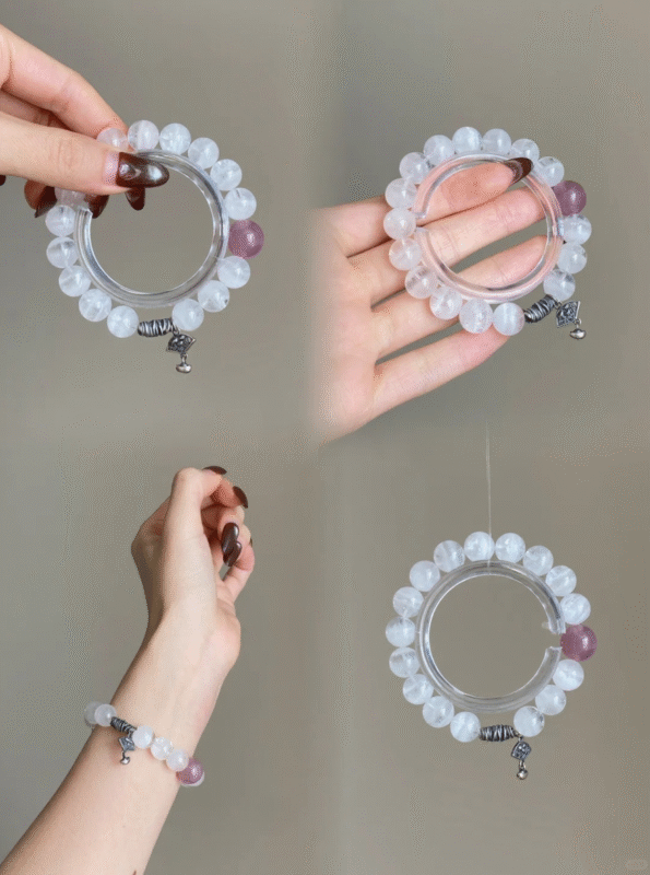 Multi-View of White Phantom Quartz & Madagascar Rose Quartz Bracelet, Metal-Fire-Silver Resonance, Energy Blasts