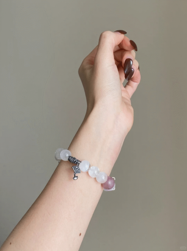 Wrist-Wearing White Phantom Quartz Bracelet, Milky Veins & Pink Beads Flow, Metal-Fire Transformation