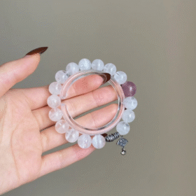 Close-Up of White Phantom Quartz & Madagascar Rose Quartz Bracelet, Milky Veins Reveal Metal-Fire Code