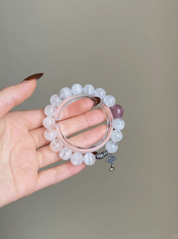 Close-Up of White Phantom Quartz & Madagascar Rose Quartz Bracelet, Milky Veins Reveal Metal-Fire Code