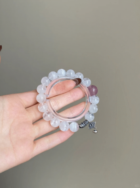 Displaying White Phantom Quartz Bracelet, Milky Veins & Pink Beads Resonance, Metal-Fire Energy Manifests