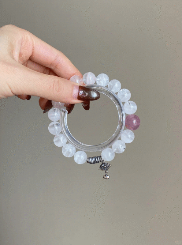 Hand-Holding 10mm White Phantom Quartz & Madagascar Rose Quartz Bracelet, Silver Accents, Metal-Fire Energy Awakens