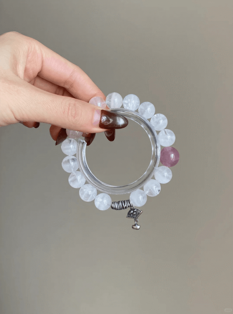 Hand-Holding 10mm White Phantom Quartz & Madagascar Rose Quartz Bracelet, Silver Accents, Metal-Fire Energy Awakens
