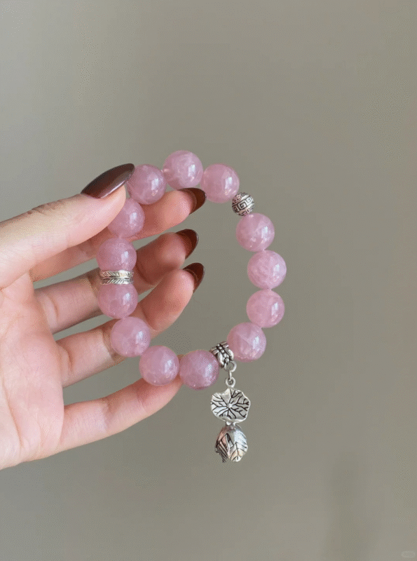 Hand-Holding 14mm Madagascar Rose Quartz Bracelet, Silver Leaf Charms, Fire-Metal Energy Awakens.