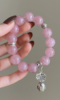 Hand-Holding 14mm Madagascar Rose Quartz Bracelet, Silver Leaf Charms, Fire-Metal Energy Awakens.