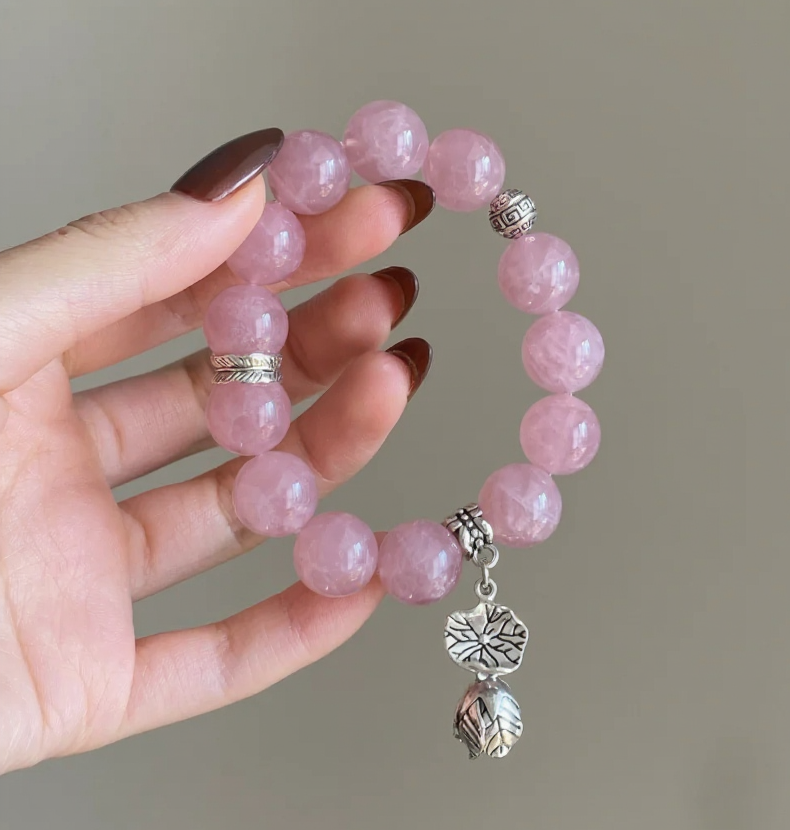 Hand-Holding 14mm Madagascar Rose Quartz Bracelet, Silver Leaf Charms, Fire-Metal Energy Awakens.