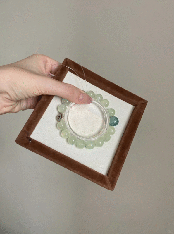 Hand-Holding Prehnite & Monet Crystal Bracelet, Wood Glow Reveals Energy Code