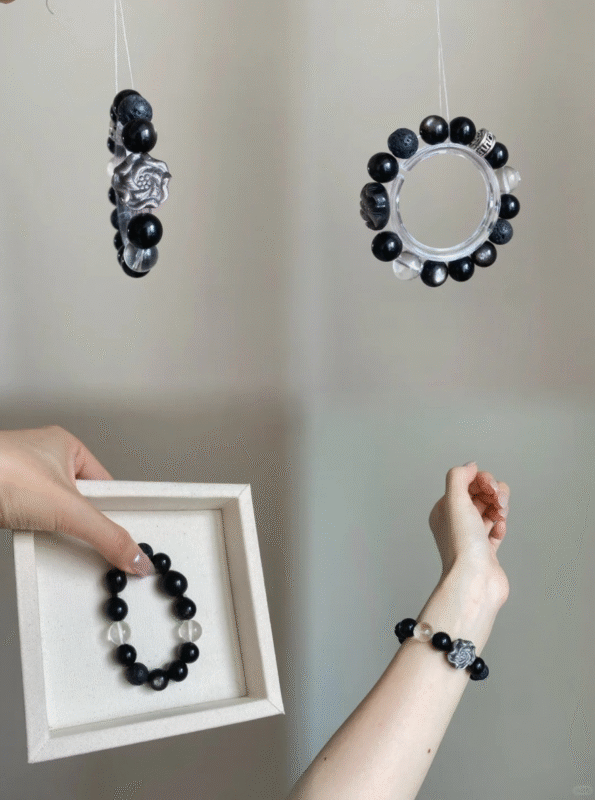 Comparative View of Silver Obsidian × Clear Quartz Bracelet, Water-Metal Cycle Fully Shown