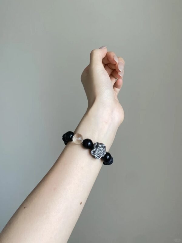 Multi-View of Silver Obsidian × Clear Quartz Bracelet, Water-Metal Protection Manifests