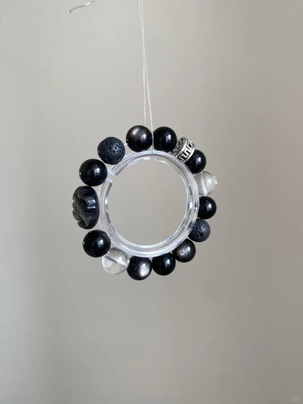 Hanging Silver Obsidian × Clear Quartz Bracelet, Water-Metal Resonance Unleashed