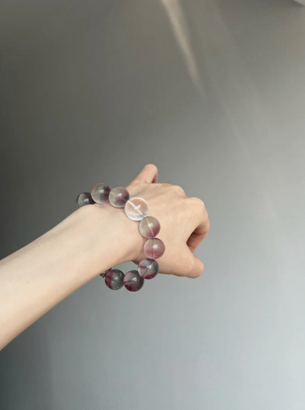 Wrist-Worn Bi-Color Fluorite Bracelet, Fluorite & Quartz Echo, Water-Metal Resonance Manifests