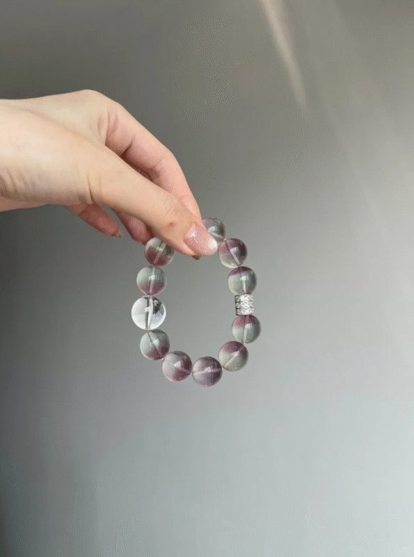 Hand-Holding Bi-Color Fluorite & Clear Quartz Bracelet, Purple-Transparent Streaks, Water-Metal Energy Awakens