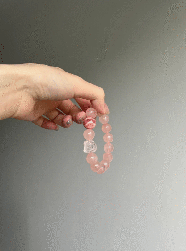 Wearing Madagascar Rose Quartz Bracelet, Rose Quartz Lion & Rhodochrosite, Fire Energy Cycle