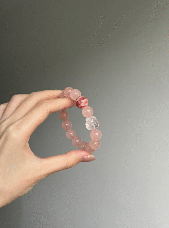 Wrist-Worn Madagascar Rose Quartz Bracelet, Rose Quartz & Rhodochrosite Echo, Fire Energy Manifests
