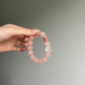 Hand-Holding Madagascar Rose Quartz, Rhodochrosite & Rose Quartz Lion Bracelet, Pink Streaks, Fire Energy Awakens