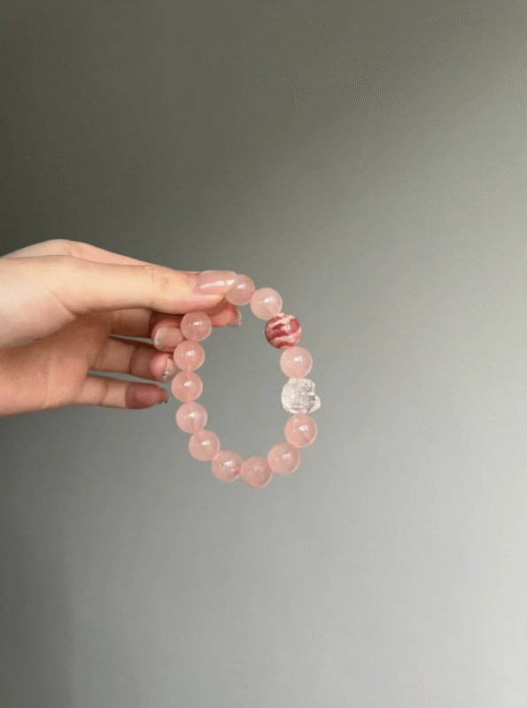 Hand-Holding Madagascar Rose Quartz, Rhodochrosite & Rose Quartz Lion Bracelet, Pink Streaks, Fire Energy Awakens