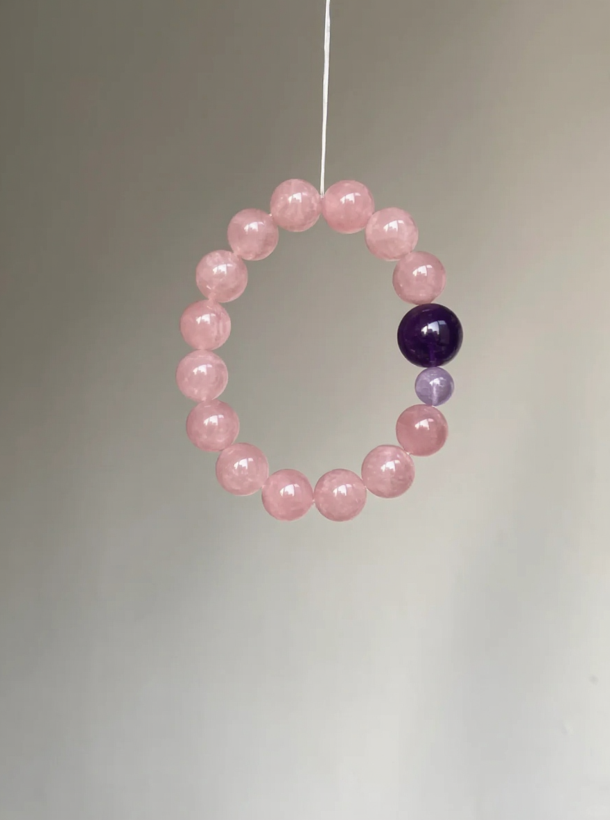 Hanging Madagascar Rose Quartz Bracelet, Madagascar Rose Quartz & Amethyst Flow, Fire Energy Transformation