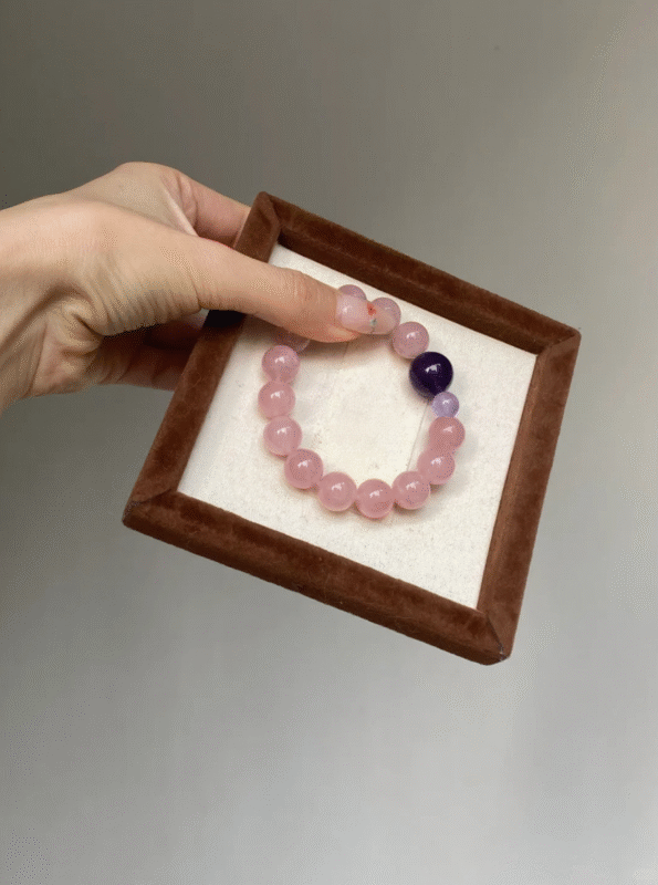 Framed Madagascar Rose Quartz Bracelet, Pink-Purple Layout, Fire Energy Cycle