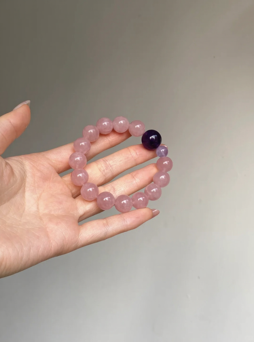 Hand-Holding Madagascar Rose Quartz & Amethyst Bracelet, Pink-Purple Blend, Fire Energy Awakens