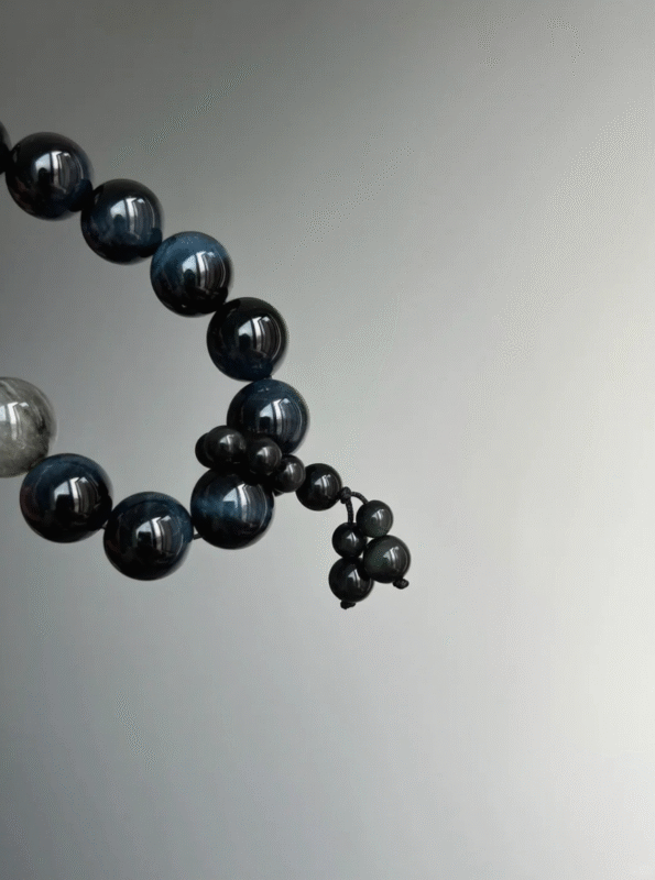 Wearing Blue Tiger's Eye Bracelet, Tiger Eye & Gray Rabbit Hair Flow, Water Energy Transformation