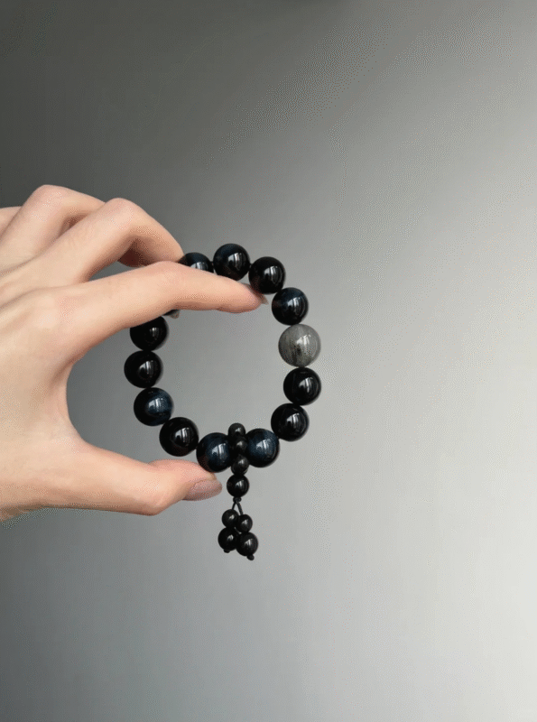 Close-Up of 12mm Blue Tiger's Eye Bracelet, Tiger Eye Phantom Reveals Water Energy Code