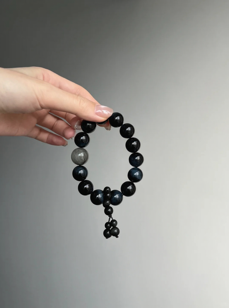 Hand-Holding Blue Tiger's Eye & Gray Rabbit Hair Bracelet, Blue-Gray Blend, Water Energy Awakens