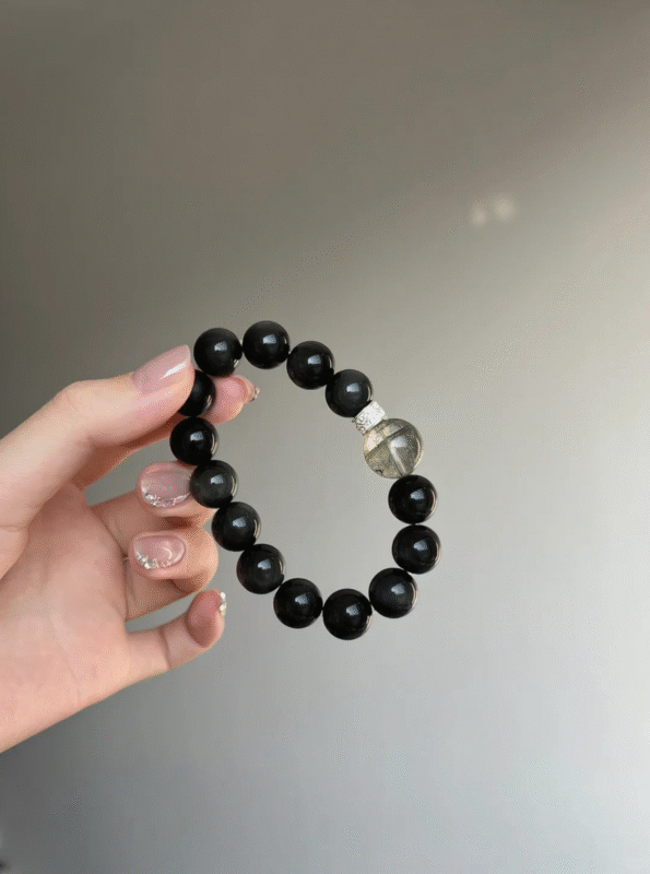 Hand-Holding Obsidian & Chlorite Quartz Bracelet, Black-Green Blend, Water-Wood Energy Awakens